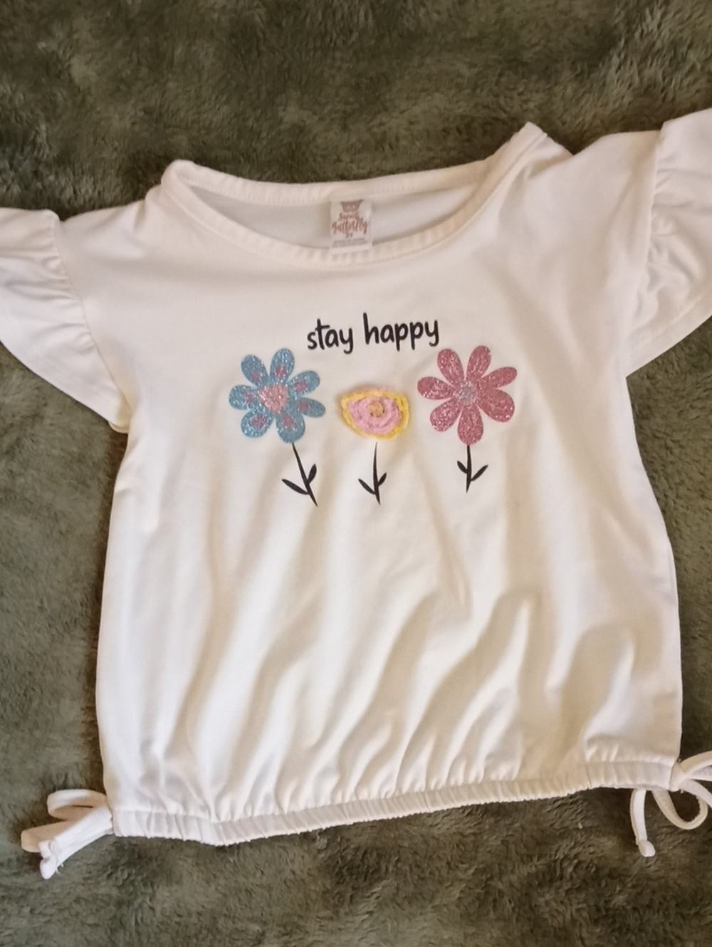 Girls 'Stay Happy' Floral Tee - Eggshell White with Pastel Flowers